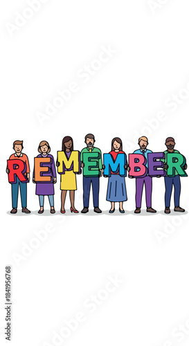 Diverse people holding letters spelling remember