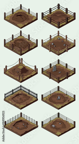 Dirt pits with fences for game or puzzle elements
