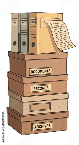 Stacked archive boxes with documents and folders