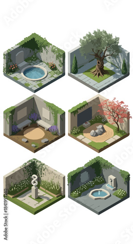 Isometric garden spaces with ponds, trees, and sculptures