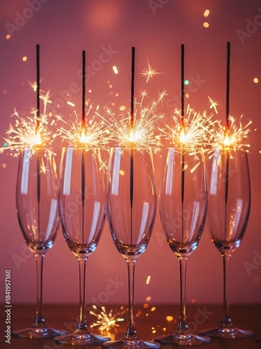 Lit sparklers glow inside elegant empty champagne flutes, arranged in a row against a soft festive background. The image evokes New Year or celebratory atmosphere