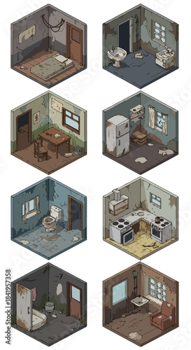 Abandoned rooms isometric set interior decay ruin