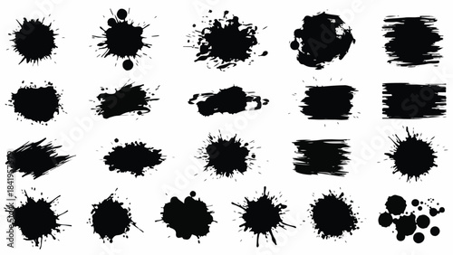 Collection of various black ink splatters and brush strokes on a clean white background for graphic design.
