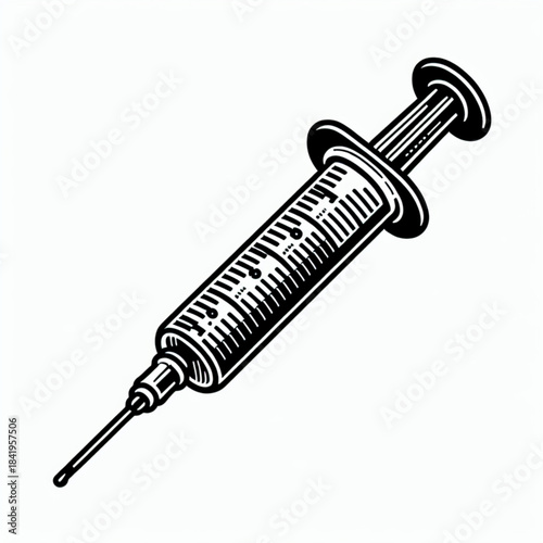 Syringe in Isolation: A detailed line drawing of a medical syringe. A symbol of healthcare and scientific advancement.