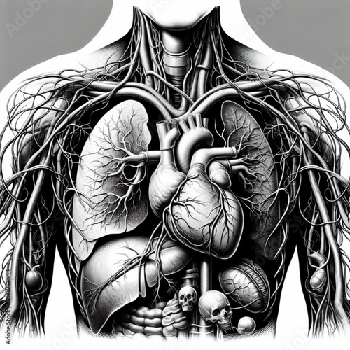 Anatomical Chart: A detailed illustration of the human chest, showcasing the intricate network of organs, veins, and skeletal structure. Perfect for medical students or healthcare professionals.