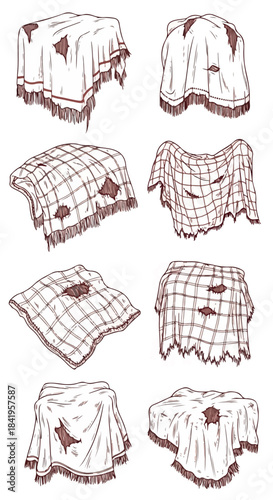 Draped objects with frayed edges and checkered patterns