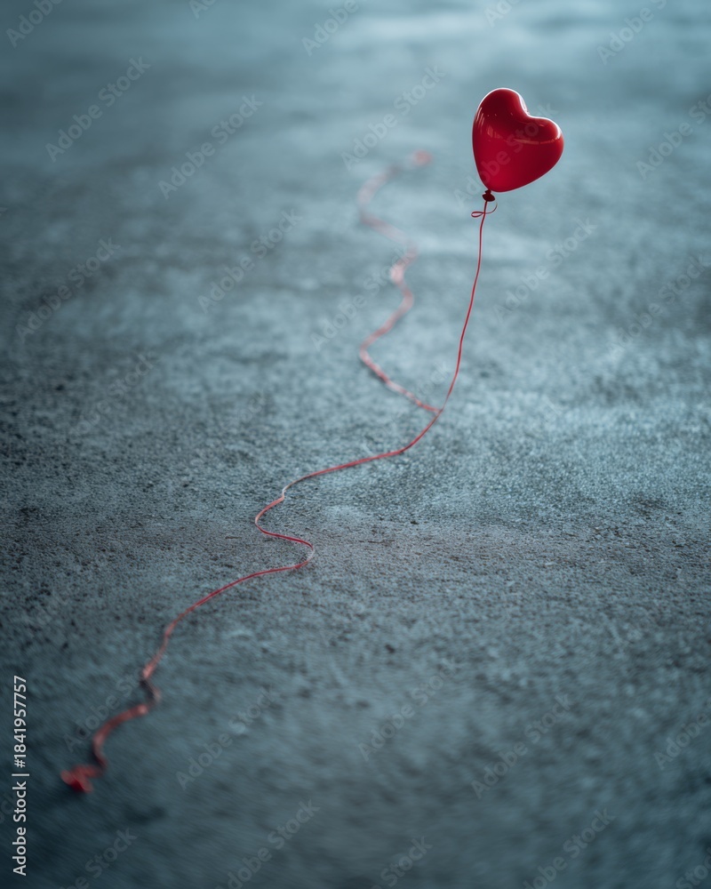 Fototapeta premium Simple heart-shaped balloon resting on the floor, symbolizing quiet affection, romance, and emotional simplicity.