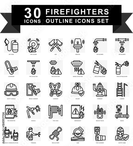Firefighters black outline icons set. contain fire alarm, beacon, safety goggle, harnes, helmet, fire monitor, hose and more. Vector for modern concept, print, UI, UX kit, web and app development.
