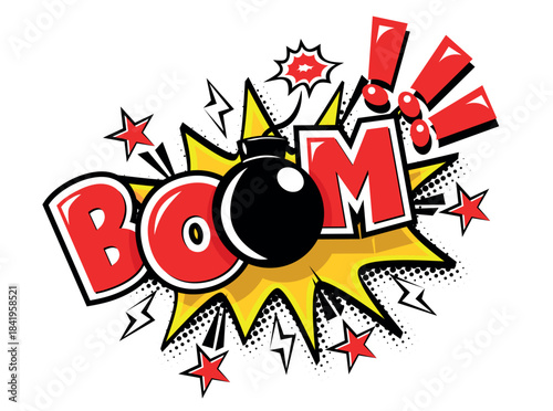 Boom comic text speech bubble with bomb explode. Vector on transparent background