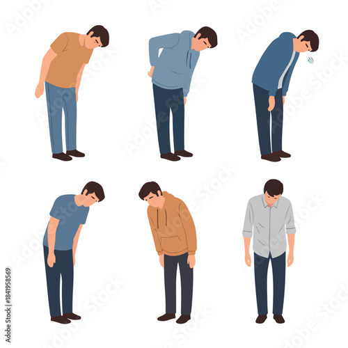 Sad man bowing in different poses