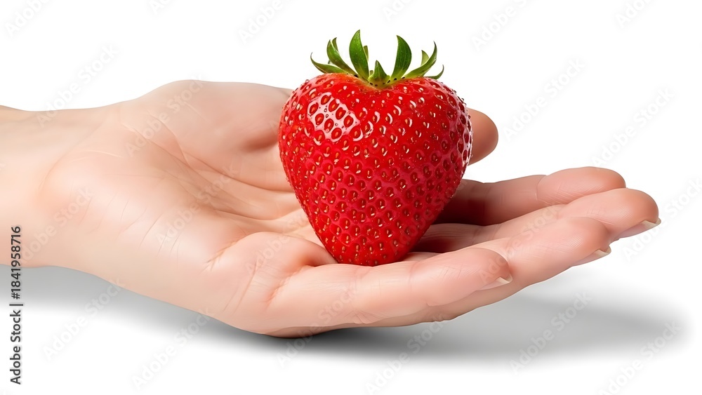 Obraz premium Holding a Fresh, Vibrant Strawberry in Hand for Healthy Eating Concepts and Summer Treats, Perfect for Nutrition and Delicious Dessert Imagery