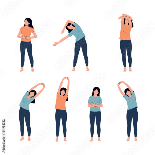 Woman stretching yoga poses set