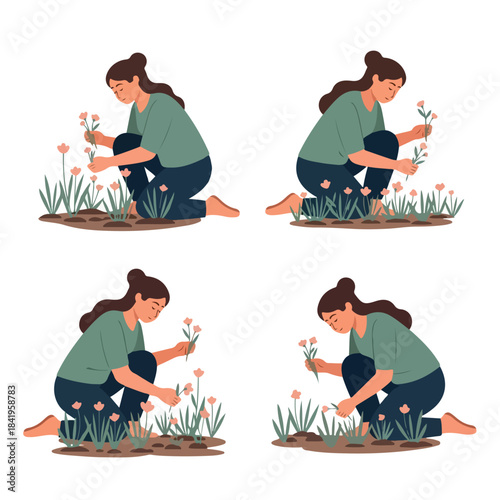 Woman kneeling picking flowers in garden
