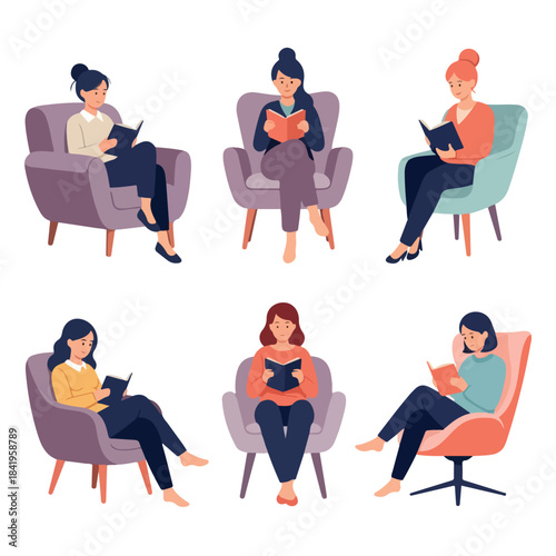 Women reading books in chairs, cozy relaxation scene