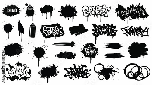 Collection of various black graffiti-style text and paint splatter designs on a white background, with different shapes and fonts.