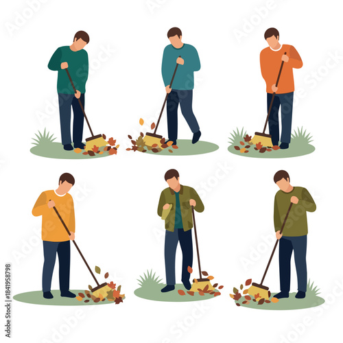 Men raking leaves autumn yard work seasonal cleanup
