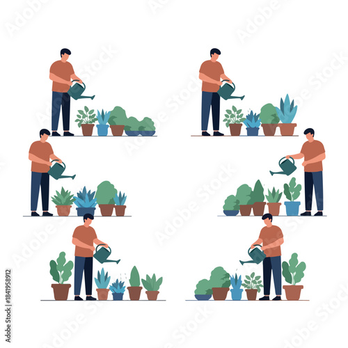 Man watering potted plants collection