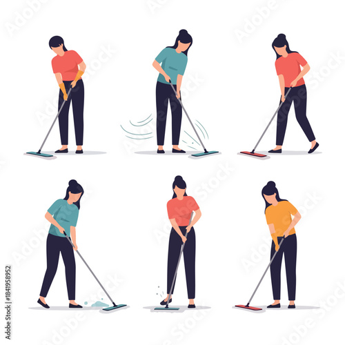 Woman mopping floor in various poses
