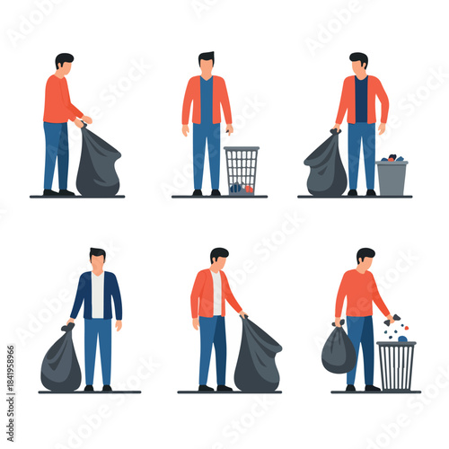 People cleaning up trash bags and bins