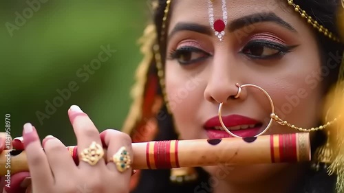 Beautiful Indian Woman Dressed as Radha Playing Bansuri Flute.