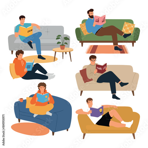 Men relaxing on sofas reading books in living rooms