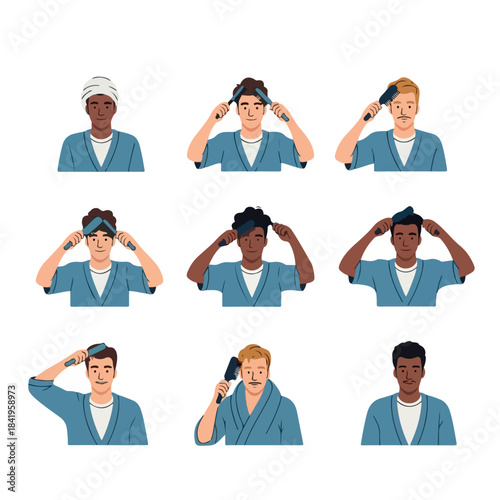 Men grooming hair with brushes in robes