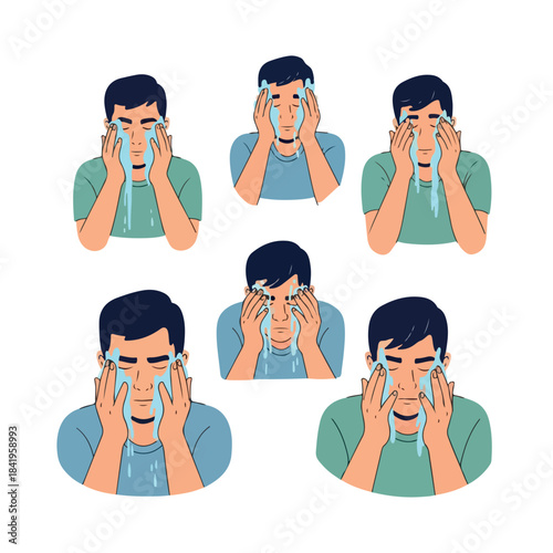 Man washing face with water, skincare routine