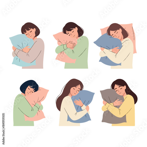 Woman hugging pillow comfort sleep rest relaxation