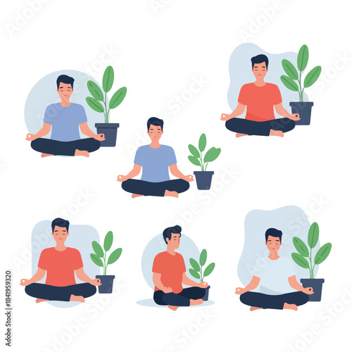 Man meditating with plants, peaceful relaxation