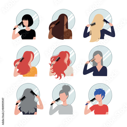 People combing hair in mirrors diverse hairstyles