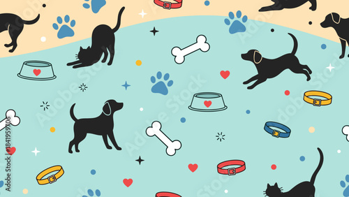 Seamless pattern with silhouettes of dogs and cats, paw prints, bones, and bowls on light blue background