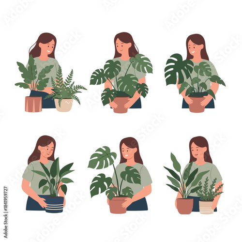 Woman holding potted plants, indoor greenery collection