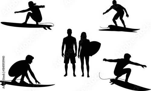 Dynamic surfer silhouettes performing various surfing maneuvers with male and female surfers, ocean sport actions, surfboard poses, extreme water activities in bold vector illustration