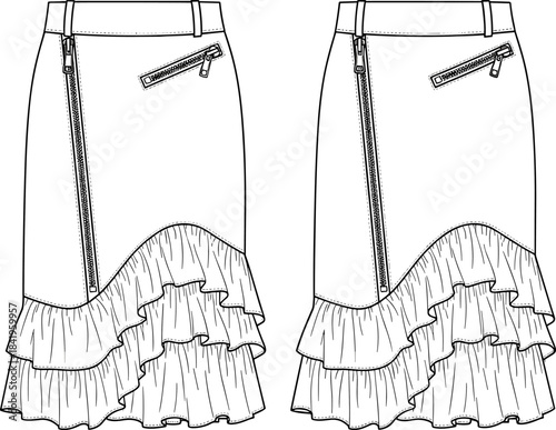 Edgy Pencil Skirt Flat Sketch Technical Drawing, Full Front Zipper, Diagonal Zipper Pockets, Tiered Ruffle Hemline, Women's Fashion Apparel Vector Template, Front and Back View Outline.