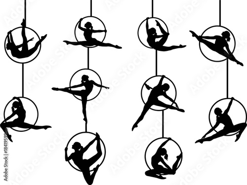 Elegant aerial hoop acrobats performing dynamic balanced poses in silhouette, showcasing flexibility, strength, artistic movement and circus performance in a detailed vector illustration design