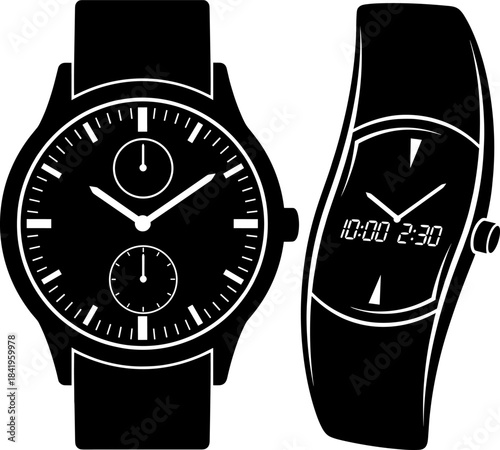Elegant analog and digital wristwatch vector illustration showing modern timepieces, minimalist design details, bold silhouettes, clean layout, precision time display, and contemporary wearable style