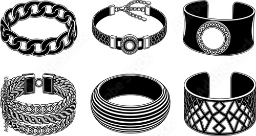 Elegant black and white vector illustration set of assorted fashion bracelets, showcasing modern jewelry designs, stylish accessories, metal cuffs, and textured wristbands