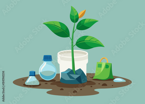 young plant growing from plastic waste, pollution recovery theme
