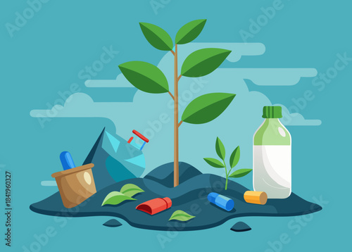 young plant growing from plastic waste, pollution recovery theme
