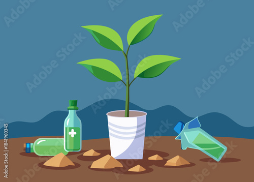 young plant growing from plastic waste, pollution recovery theme