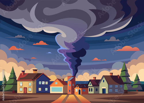 powerful tornado approaching a small town