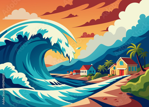 tsunami wave approaching the shore, disaster preparedness theme, no human