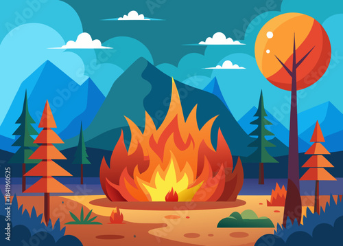 Vector flat design showing wildfire in forest, global warming impact