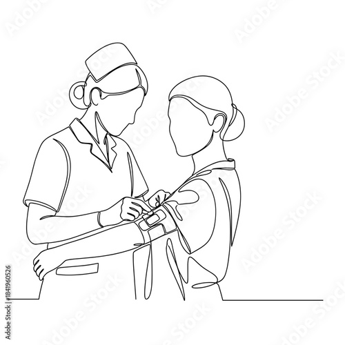 Nurse changing wound dressing on patient in minimal line art style  