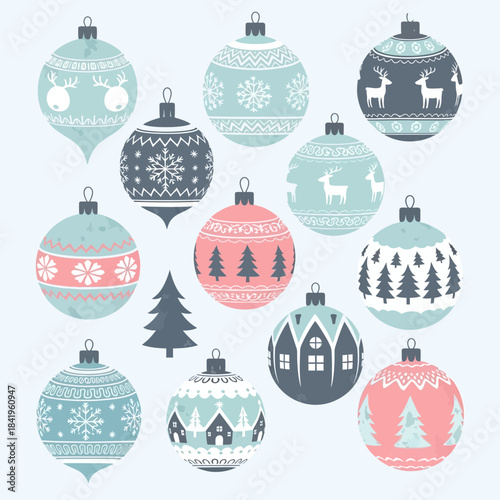 Festive Christmas Tree Ornaments in Various Colors and Designs for Holiday Decorations