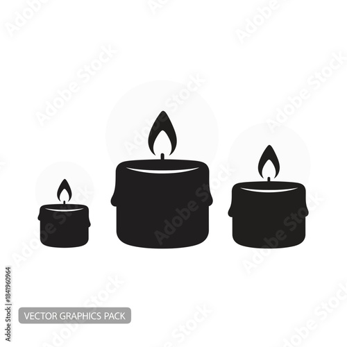Minimalistic black and white candle illustrations depicting different flame sizes and shapes