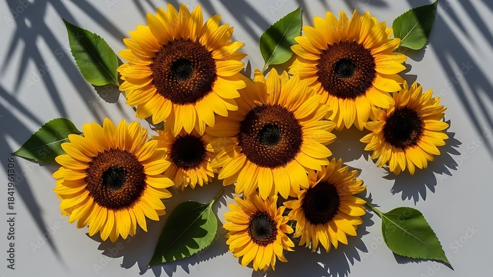 Fototapeta premium Sunny disposition of sunflowers, evoking warmth and cheerful feelings, light play
