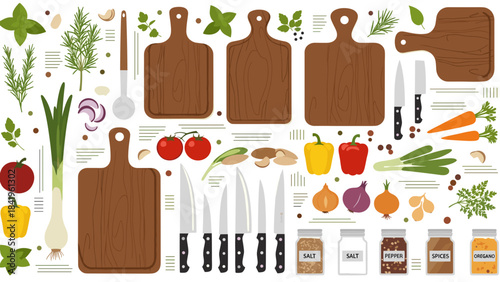Collection of kitchen utensils, cutting boards, fresh vegetables, herbs, and spices for cooking preparation