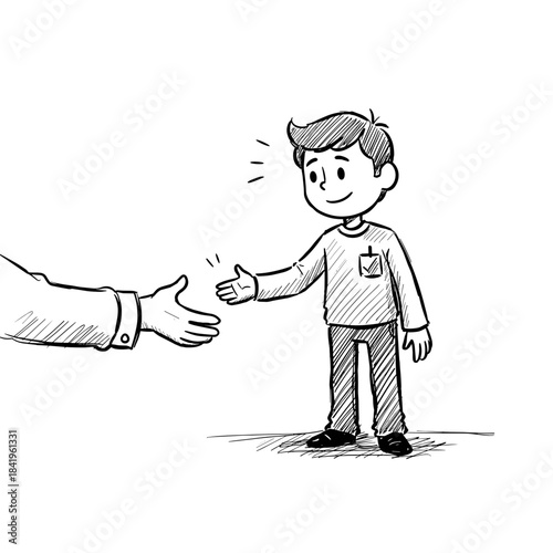 Cartoon boy greeting with handshake and smiling in simplified style  