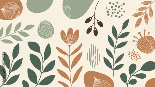 Abstract botanical pattern with earthy tones and organic shapes for wallpaper or textile design